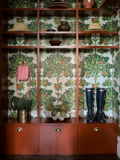 a wooden shelf filled with rain boots next to a wallpapered closet full of plants