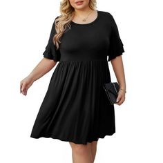 Cueply Plus Size Dress for Women Summer 2023 Double Ruffle Short Sleeve Crew Neck Loose Mini Dresses Features : Stretch, soft, loose fit, comfy, casual style, double ruffle short sleeve, round neck, above the knee length, elastic at waist, It is perfect for summer, spring and fall. Material : 95% rayon +5% spandex.the fabric is very soft and stretchy, which makes it light and ideal for summer weather but heavy enough to where you dont worry about it flying up or getting stuck somewhere. No shrin Black Non-stretch Short Sleeve Mini Dress, Black Non-stretch Mini Dress With Short Sleeves, Casual Black Half Sleeve Mini Dress, Casual Black Mini Dress With Half Sleeves, Plus Size Summer Fashion, Loose Midi Dress, Midi Party Dress, Plus Size Summer Dresses, Midi Dress Party