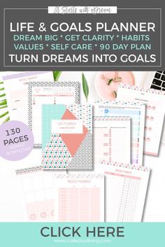 the printable life and goals planner is shown with text