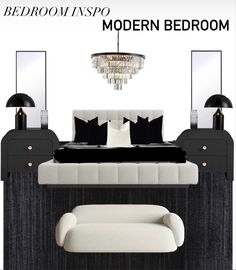 the modern bedroom is decorated in black, white and grey colors with an elegant chandelier