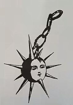 a black and white drawing of a woman's face being held by a chain