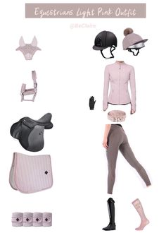 the equestrian outfit is pink and grey with accessories for horses, riding helmets, and boots