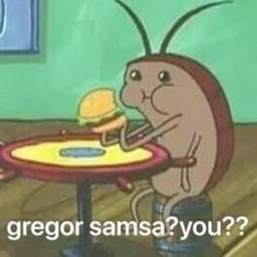 a cartoon character sitting at a table with a sandwich in front of him and the caption says, who is george sansa? you?