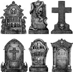 black and white illustrations of tombstones with skulls on them