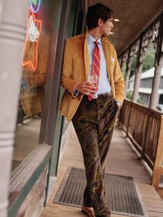 Our Oxford pant is cut with a higher rise and a slightly straighter leg - for an elevated, dressed-up look. Cut in a festive paisley, ready for whatever parties this season may hold. | J.McLaughlin Men's Oxford Pants in Paisley Red/Green/Yellow, Size 38 | Cotton J Mclaughlin, Red Green Yellow, Mom Style, Men's Pants, Green Yellow, Red Green, Mens Pants, Paisley, Oxford