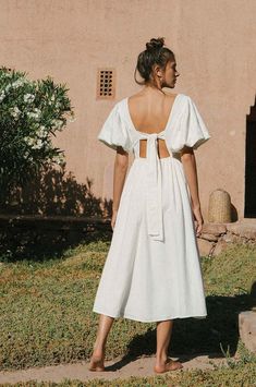 Sophisticated Off-White Backless Dress - ROVE Fitted Linen Puff Sleeve Dress, Linen Puff Sleeve Dress With Ruffles, White Cotton Puff Sleeve Dress With Gathered Sleeves, Chic White V-neck Puff Sleeve Dress, Brunch-ready Puff Sleeve Linen Dress, White Backless Dress, Engagement Photo Dress, Warm Red, Linen Set