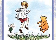 an image of a child playing with winnie the pooh and friends in the grass