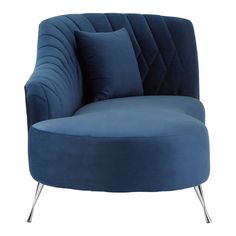 a blue chair with two pillows on the back and one arm upholstered to it