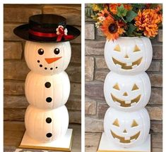 there are three pumpkins that have been decorated to look like snowmen