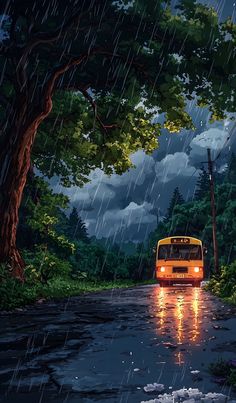 a yellow bus driving down a rain soaked road in the woods at night with lights on