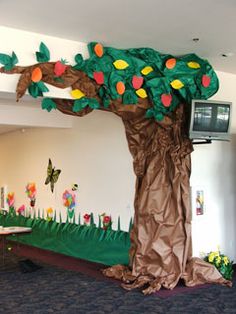 an office decorated in the shape of a tree