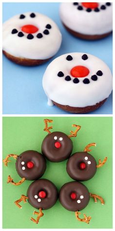 there are three pictures of decorated donuts with frosting and decorations on them, one is snowman the other has reindeer's nose