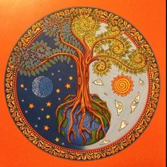 a painting with a tree on it in the middle of an orange wall and blue background