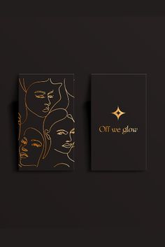 two business cards with gold foil on the front and back of each card, one has a woman's face