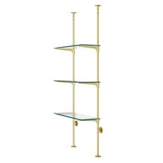 a shelf with three glass shelves on each side and two brass poles in the middle