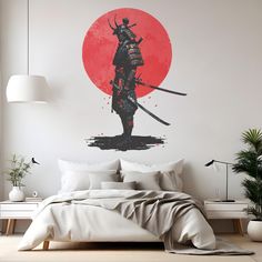 a bedroom with a large wall decal that has a samurai on it and the sun in the background