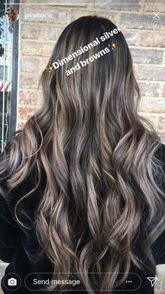 Thick Brown Hair With Highlights, Chocolate Brown Hair Ash Highlights, Highlights Brown Hair Silver, Dimensional Ash Brown, Dark Brown Hair Ash Blonde Highlights, Dimensional Baylage, Dark Silver Highlights, Bling Highlights On Brown Hair, Dark Brown Hair With Ash Brown Highlight