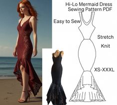 Easy to sew High Low Mermaid Dress. This pattern is for stretch knit fabric . Pattern in 7 sizes in one : XS - XXL The pattern is A0 sized with clear instructions on how to print it out as A4 (letter sized) sections using Adobe Acrobat/Reader (free to download). We also included an A4 sized print for easy home printing.  Included in this download:  Sewing instructions with pictures (PDF) Tips and tricks for sewing knit fabric PDF sewing pattern for back, front and ruffle A0 Instructions  Downloa Mermaid Dress Sewing Pattern, Cocktail Dress Sewing Patterns, Sewing Cutouts, Dress Sewing Patterns Free Easy, Download Free Pdf Sewing Patterns, Easy Clothes To Sew, How To Sew A Dress, Sewing Knit Fabric, Dresses To Sew