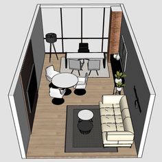 a drawing of a living room and dining area in a small apartment with wood flooring