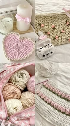 crocheted purses and other items are shown in three different pictures, including yarn