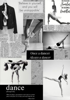 an advertisement for dance magazine with images of dancers in different poses and words on it