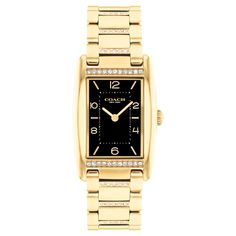 A sophisticated go-everywhere style, the COACH Reese is a sleek watch with a classic rectangle silhouette. The gold-tone stainless steel bracelet design glistens with sparkling crystals and features a black dial with a mix of stick and numeric markers. Gold-tone stainless steel case and bracelet Approx. case diameter: 35mm x 24mm Mineral crystal Quartz movement Deployment closure Water-resistant to 99 feet Style #: 14504319 Classic Gold Coach Watch, Classic Coach Watch For Formal Occasions, Classic Coach Watches For Formal Occasions, Coach Timeless Gold Watch, Modern Coach Gold Watch, Modern Gold Coach Watch, Elegant Gold Coach Watch, Elegant Coach Watch With Polished Finish, Sleek Watch