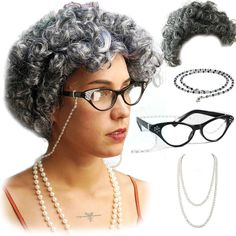 PRICES MAY VARY. Old lady cosplay set: this gray hair wig set has 5 pieces total, the gray wig, wigcap, faux pearl bead necklace, cateye glasses, and glass chain. Fits most people, the inner lining of the grey old lady wig is elastic and it fits for kids, for adults, and most people. Quality materials, the granny wig is made of quality synthetic fiber, wig cap is made of nylon. The granny or grandma glasses are black with rhinestones in the corners. The pearl necklace is longer than most others Golden Girls Costumes, Old Lady Wig, Zombie Makeup Easy, Granny Wig, Granny Costume, Old Lady Dress, Grandma Costume, Gray Wig, Grey Hair Wig