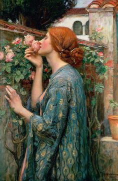 a painting of a woman smelling a rose