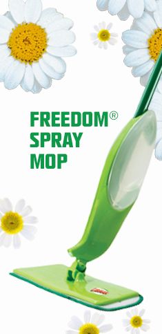 an advertisement for a spray mop with daisies in the background and text that reads, freedom spray mop