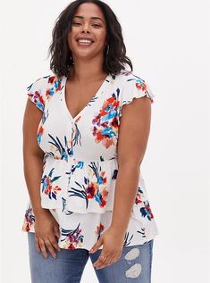 Plus Size - Super Soft White Floral Button Front Layered Babydoll Top - Torrid Empire Waist Tops, Printed Peplum Top, Summer Items, Apple Shape, Lace Sleeve Top, Floral Peplum, Layered Design, Feel Pretty, Babydoll Top