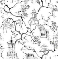 black and white wallpaper with birds, pagodas, trees and umbrellas