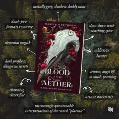 a book cover with the words blood and after written below it, surrounded by pine branches