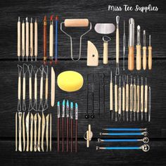 an assortment of kitchen utensils and tools on a wooden surface with the words miss tea supplies