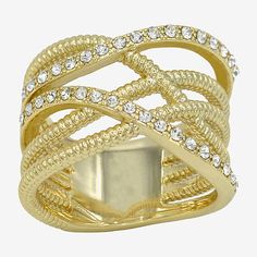 Ring Style: Bands, Crossover RingsFeatures: In A Gift Box, Nickel FreeStone Cut: RoundStone Millimeter Measurement: 1.3 Mm Length, 1.3 Mm WidthMetal Color: Gold ToneRing Gallery Height: 2.8mmRing Top Length: 22.6mmBand Width: 10.5mmCare: Wipe CleanStone Type: 35 Crystal, 1 Cubic ZirconiaMetal: 14k Gold Over BrassCountry of Origin: Imported Formal Gold Diamond Ring, Gold Crystal Ring For Party, Fine Jewelry, Adjustable Gold Crystal Ring With Bling, Gold Crystal Ring With Diamond Accents For Party, Adjustable Gold Crystal Bling Ring, Gold-tone Metal Rings For Anniversary, Gold Bling Ring Jewelry, Metal Rings With Diamond Accents For Gift, Metal Rings With Diamond Accents As Gift