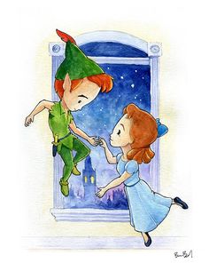 a watercolor painting of a boy and girl looking at each other through a window