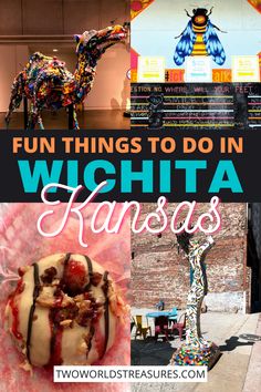 the words fun things to do in whitta kansas with images of food and decorations