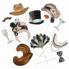 an assortment of fancy hats and glasses on sticks with pearls, feathers, and tails