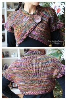 two pictures showing the back and side of a woman's shawl with buttons on it