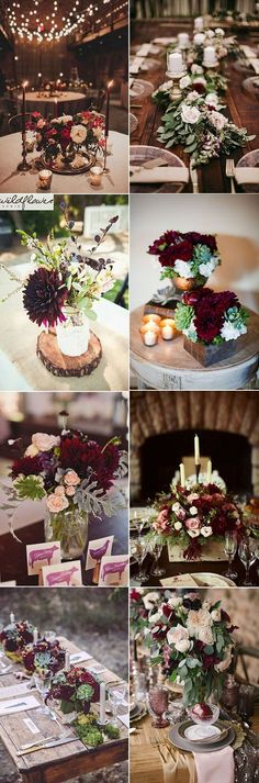 a collage of photos showing different tables with flowers and candles on them in various stages of being decorated