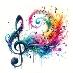 colorful music notes and musical staffs with watercolor paint splatters