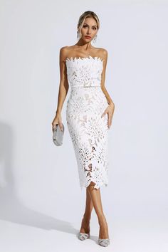 The Jazlyn White Floral Lace Midi Dress is the perfect finishing touch to any outfit. Its lace fabric and midi length create a classic and timeless look, while the strapless design makes it ideal for any special occasion. Enjoy a sophisticated, feminine finish all night long. Simply complete the look with heels.Dress Length: Approx 96cmMaterials: PolyesterGentle Dry Clean OnlyThe model is 5 ft 74 and wears size SColor may vary due to lighting on images. The product images (without a model) are Glitter Wedding Dress, Rehearsal Dinner Dresses, Bandage Midi Dress, Floral Shirt Dress, Puff Sleeve Dresses, Dinner Dress, Mein Style, Lace Midi, Looks Chic