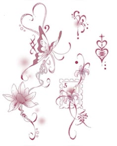 some pink flowers and butterflies on a white background, with hearts in the corner behind them