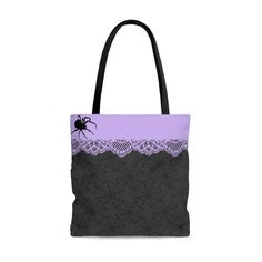 "Classy dark Goth spider tote bag, This practical, high-quality Tote Bag is available in three sizes. Small 13\"13\"x3.5\", Med 16\"x16\"x3.5, Lg 18\"x18\"x3.5.  Made from reliable materials, lasting for seasons. .: 100% Polyester .: Boxed corners .: Black inner stitching, transparent thread on hems. .: Black cotton handles .: With non-woven laminate inside .:Printed and assembled in the US." Gothic Black Bags With Large Capacity, Black Gothic Bag With Large Capacity, Gothic Large Capacity Black Bag, Black Tote Shoulder Bag For Halloween, Gothic Large Capacity Bag For Everyday Use, Everyday Halloween Tote Bag, Everyday Tote Bag For Halloween, Black Gothic Tote Shoulder Bag, Black Rectangular Shoulder Bag For Halloween