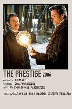 the prestige 2006 movie poster with two men holding a light bulb in one hand and looking at each other