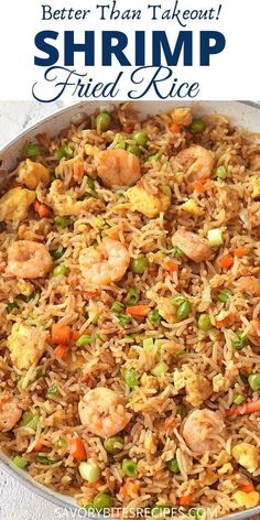 shrimp fried rice with peas and carrots in a pan