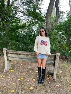 Flag Sweater Outfit, Thanksgiving Fit, Going Out Skirts, Flag Sweater, Thanksgiving Outfit Women, Thanksgiving Dress, American Flag Sweater, Pumpkin Patch Outfit, Thanksgiving Outfits