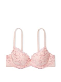 Your favorite bras for everyday and always. Soft padding lays up to 20% flatter at the bust for your most natural look and feel. Detailed with our vintage-inspired lace, this demi delivers just the right amount of coverage and support.Lift & Lining Lightly lined Underwire New Infinity Edge necklineStraps & Hooks Fully adjustable straps Back hook-and-eye closuresDetails & Fabric Supersoft, double-lined sides for the smoothest shape Bow and charm details at front Partially made from recycled materials Hand wash Imported Average Girl, Lacy Bra, Pink Lace Bra, Pretty Bras, Comfy Bra, Vs Bras, Cute Bras, Victoria Secret Lingerie, Demi Bra