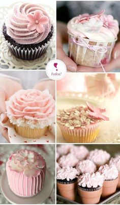 many different pictures of cakes and cupcakes with pink frosting on them,