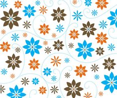 an abstract floral design with blue, brown and orange flowers