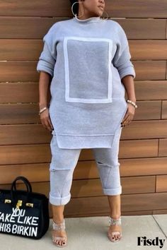 Fisdy - Premium Charcoal Daily Wear Patchwork O Neck Long Sleeve Set Grey Two Piece, Ripped Pants, White Fashion Casual, Two Piece Pants Set, Green Fashion, Grey Long Sleeve, Two Pieces, Fashion Casual, Black Fashion